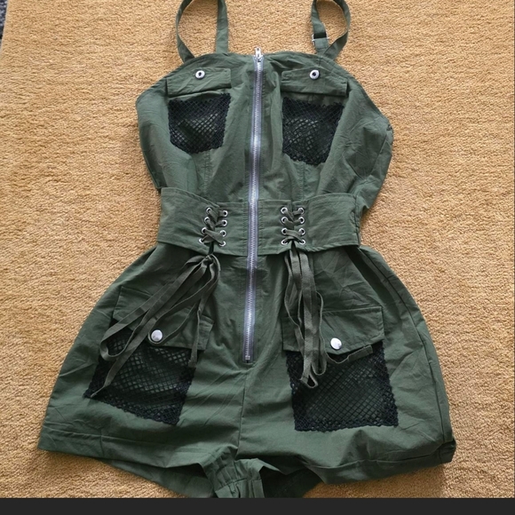 unknown Pants - Olive Green Zipper Lace-Up One-Piece Romper With Fishnet Details! M Stretchy
